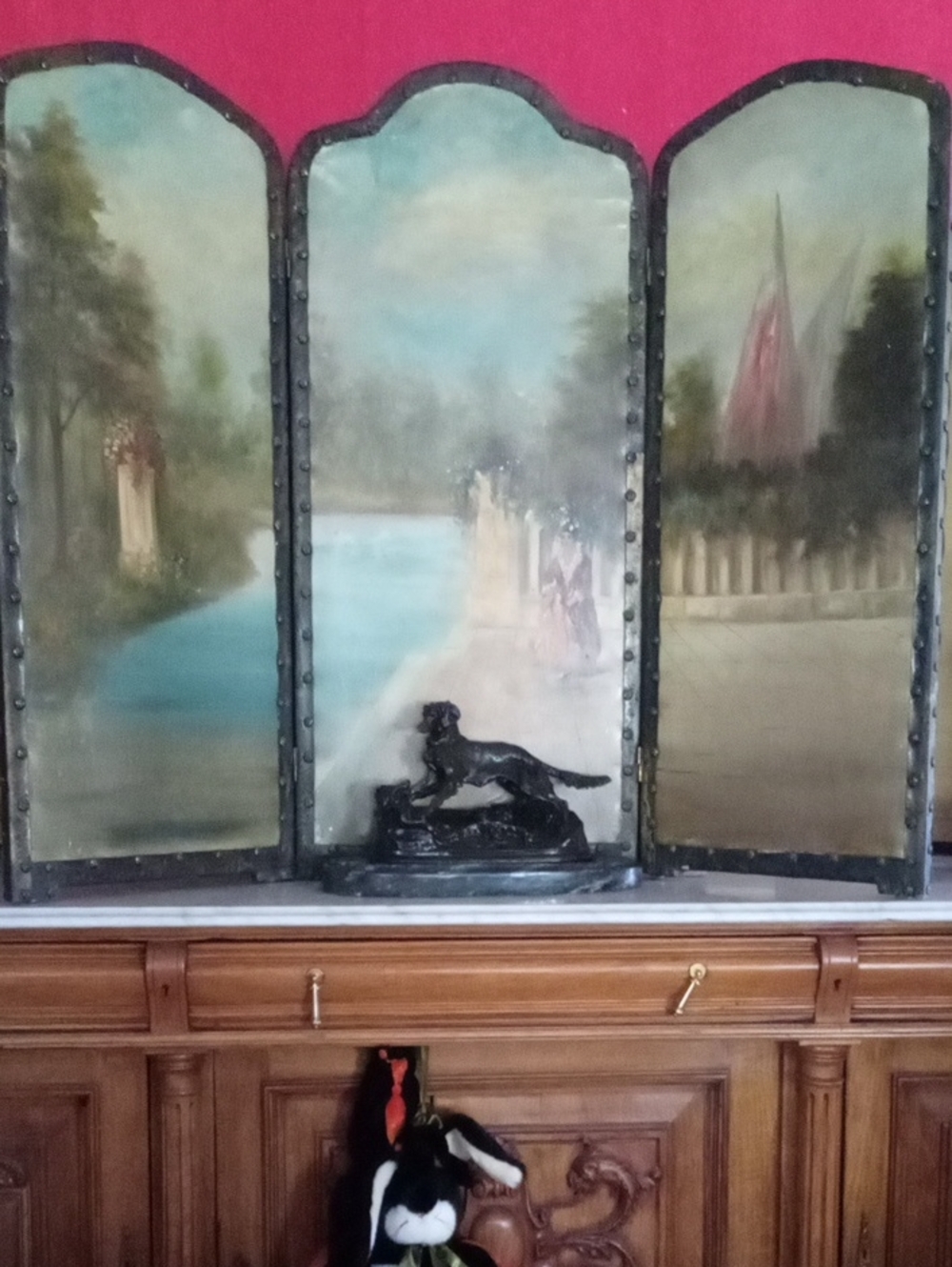 Rare Antique French Rococo Hand-Painted Leather Fireplace / Accent Screen - Picture 12 of 16